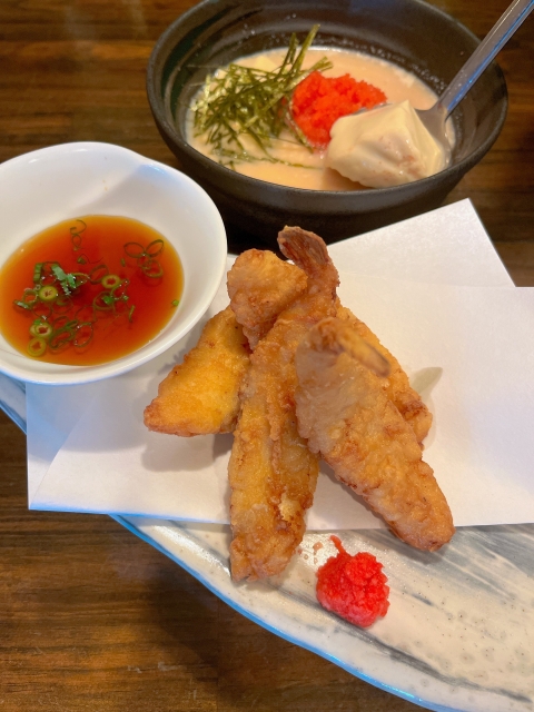 フグ唐揚げと豆乳湯豆腐